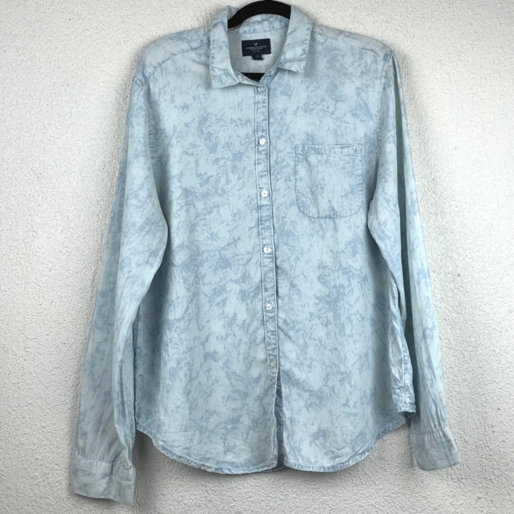 American Eagle Light Blue Button Down - L - Acid Wash Lyocell Boho Coastal